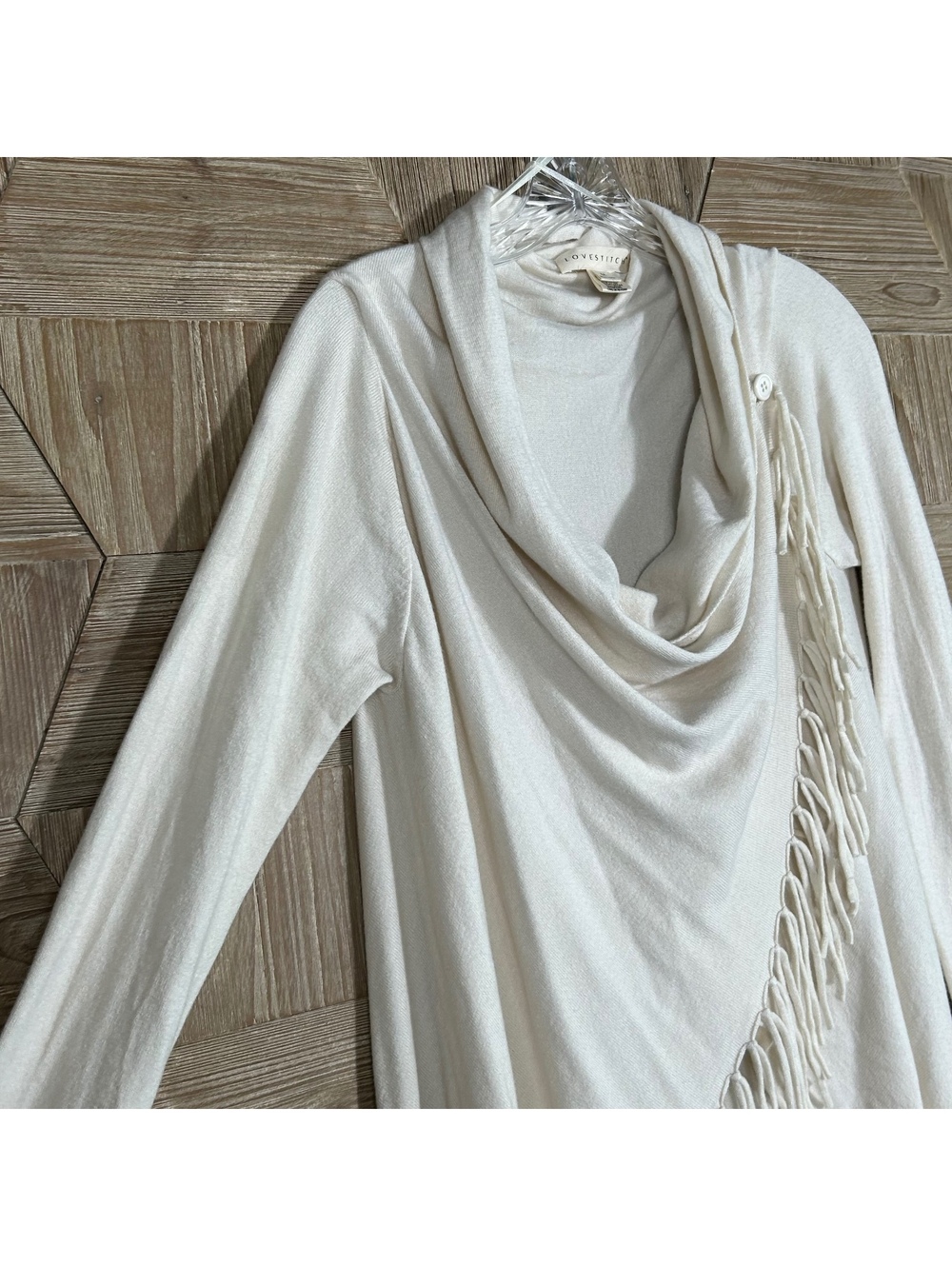Lovestitch Off White Fringe Asymmetrical Draped Cowl Neck Wrap Cardigan Sweater - Picture 4 of 8